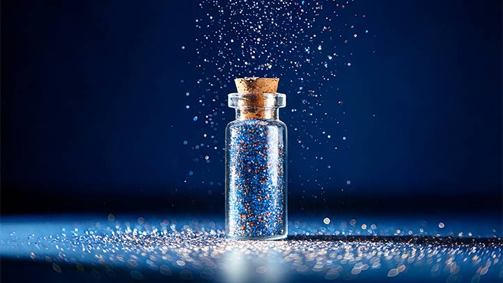 small bottle of glitter on a blue background