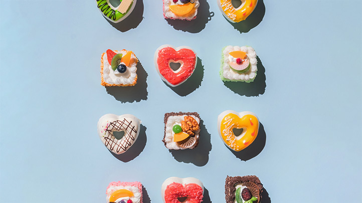 baby shower food, assorted crostini on blue background