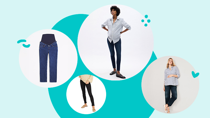 Best Maternity Jeans Collage on Blue Background featuring Gap, Abercrombie & Fitch, Motherhood Maternity, and Old Navy