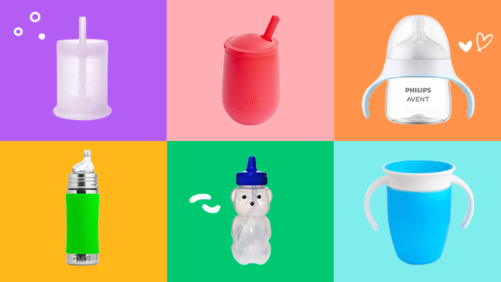 The Best Sippy Cups in 2025 include Olababy, EzPc, Philips, HoneyBear, Munchkin and More on colorful square background