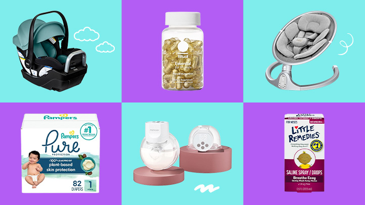 Collage of Prime Big Deal Days finds, including Momcozy, Ritual vitamins, butt paste, toys, and a baby swing