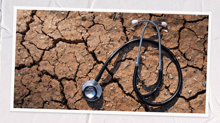 maternity care desert, stethoscope on cracked desert background surrounded by a white frame