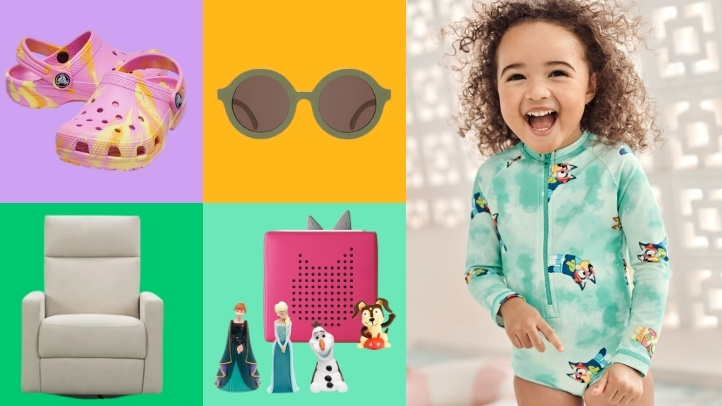 Memorial Day Weekend Baby Deals Collage Featuring Crocs, Nurture& Glider, Cozy Earth Resort Towel, Step2 Water Table, and Bluey Hanna Andersson Rashguard