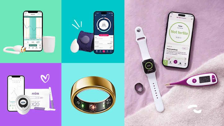 Best Fertility Trackers collage of apps and wearables including Natural Cycles, Mira and Tempdrop