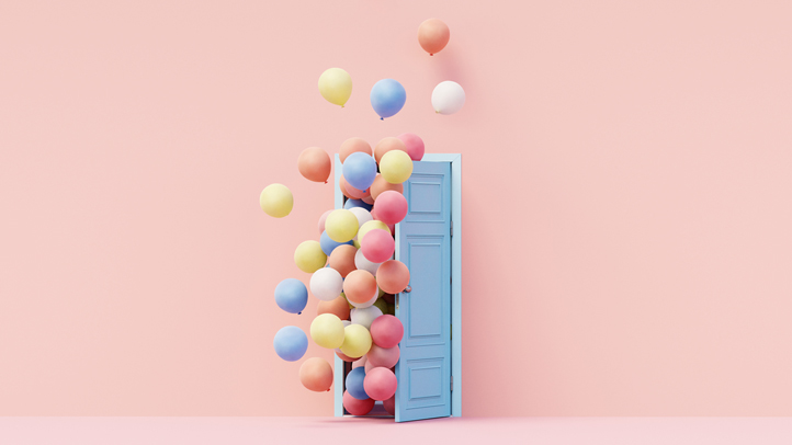 kick counts, balloons coming out of blue door