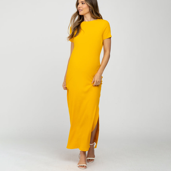 Best Baby Shower Dresses - Pink Blush Yellow Ribbed Side Slit Maternity Maxi Dress
