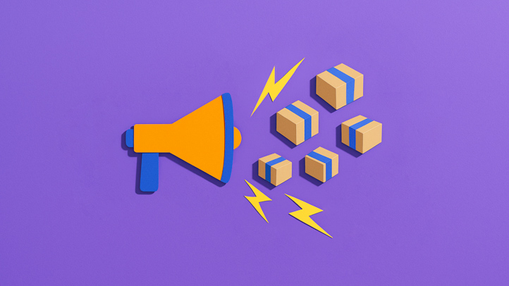 Illustration of an orange and blue megaphone with Amazon-like cardboard shipping boxes coming out of it along with bolts to showcase and amplification of sound