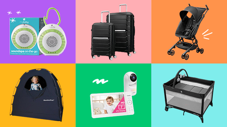 Amazon Prime Day Travel Deals Collage featuring Graco, VTech, Slumberpod, Nuby, Munchkin and Samsonite