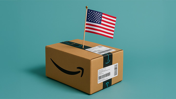 Amazon Prime Day cardboard shipping box with American Flag poking out on top to represent Fourth of July sales