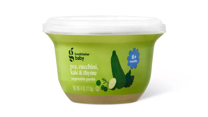 A jar of Good & Gather pea, zucchini, kale and thyme vegetable puree on a white background