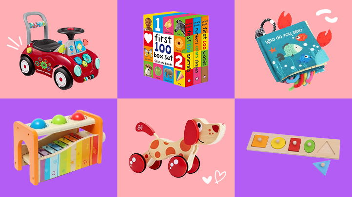 Best Toys for 1-Year-Olds Collage on Pink and Purple Squares: RadioFlyer Buggy, Books, Pull Toy, Shape Sorter Puzzle, and Xylophone