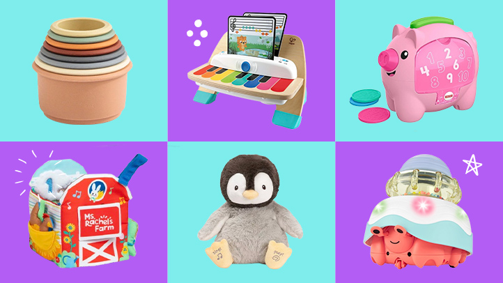 Best Toys for 6 Month Olds: Maison Rue Stacking Cups, Baby Hape Piano, Fisher-Price Piggy Bank, Ms. Rachel Farm, Gund Penguin, and Skip Hop Crawling Crab