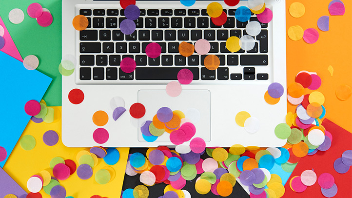 virtual baby shower, confetti on top of laptop keyboard