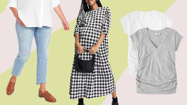 Where to Buy Cheap Maternity Clothes - photo of a pair of distressed boyfriend jeans, checkered dress and gray and white V-neck tees